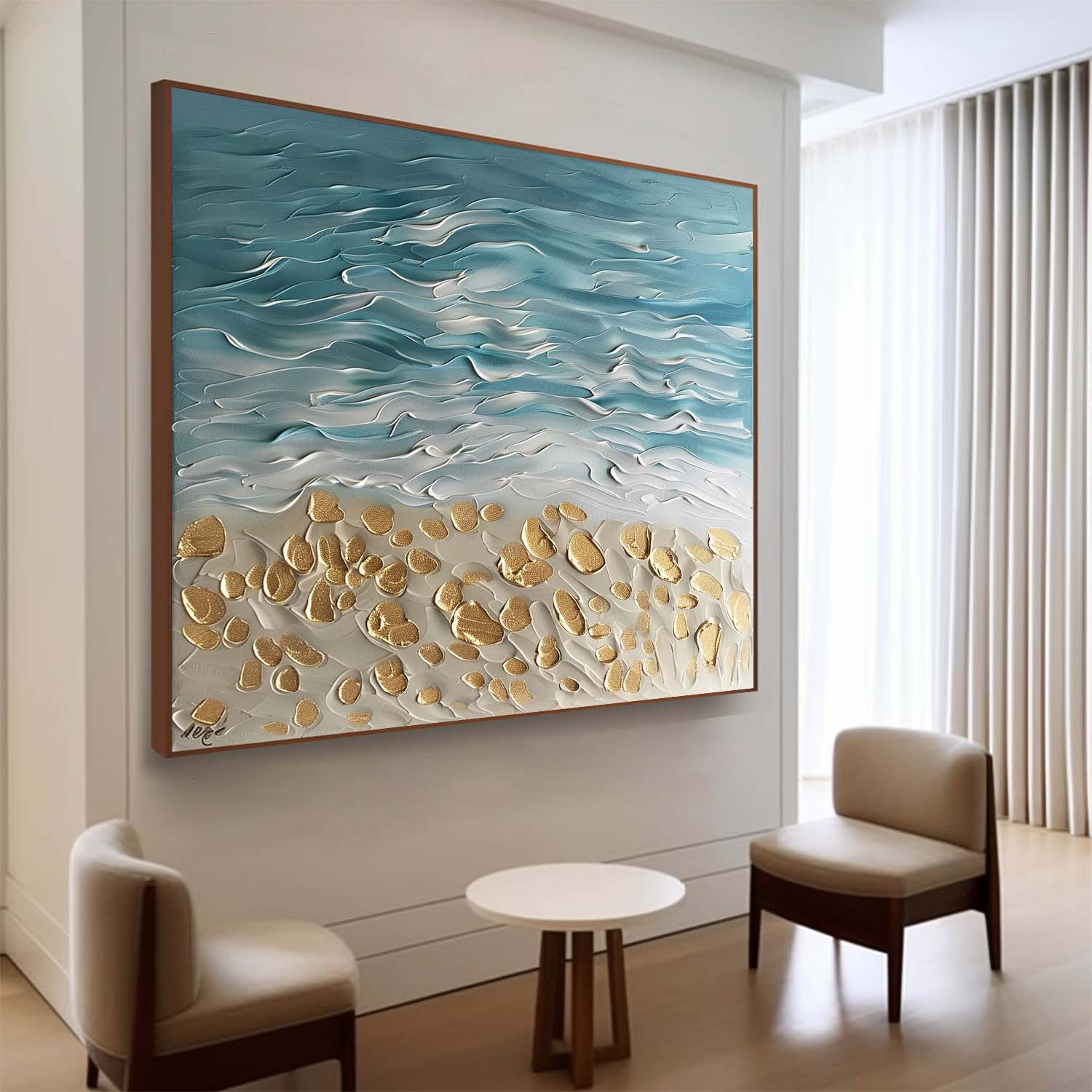 Gold Coast Beach Oil Painting Golden Beach Canvas Wall Art Blue Wave Beach Texture Painting