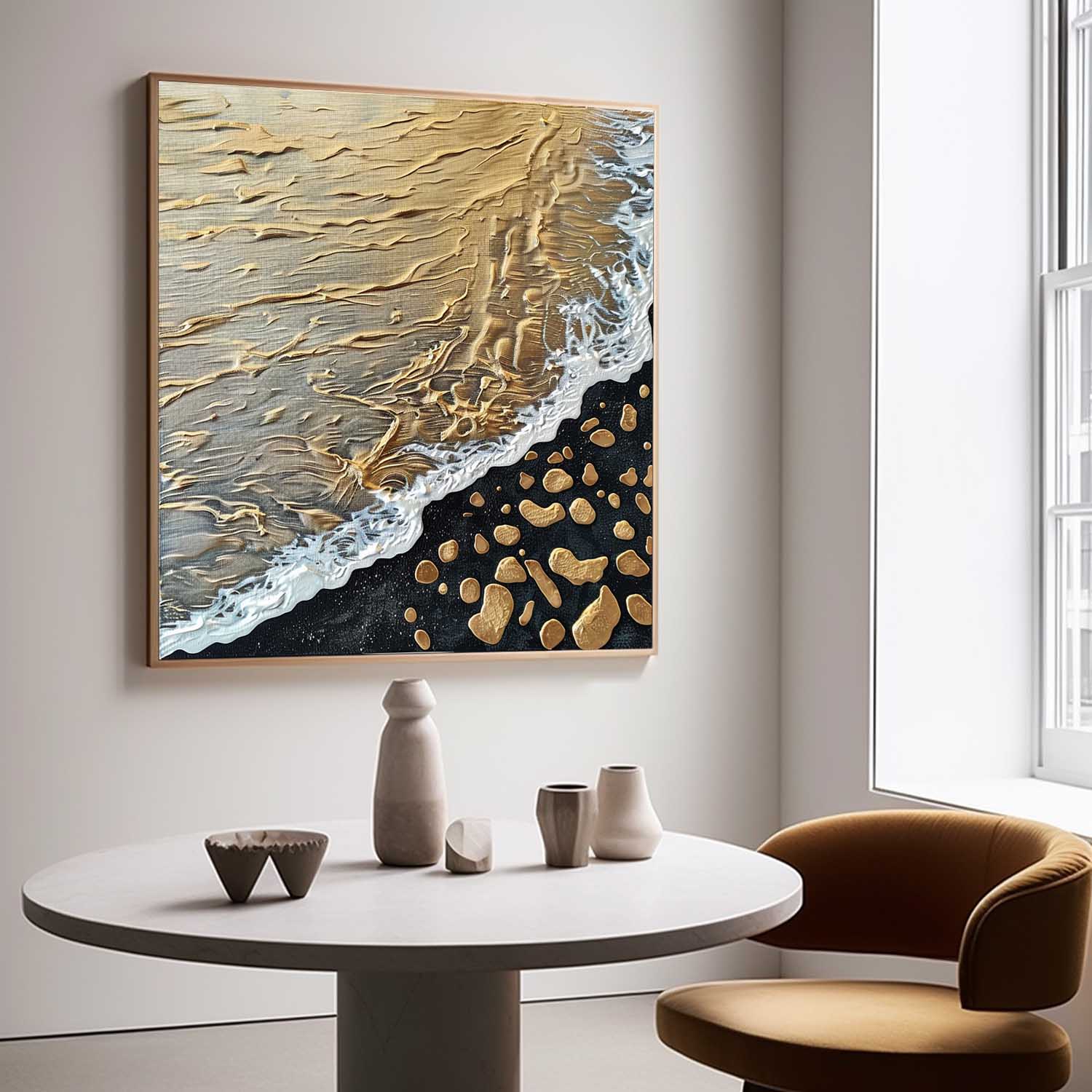 Gold and Black Textured Sea Painting Gold and Black Wave Beach Canvas Art Wave Beach Wall Art