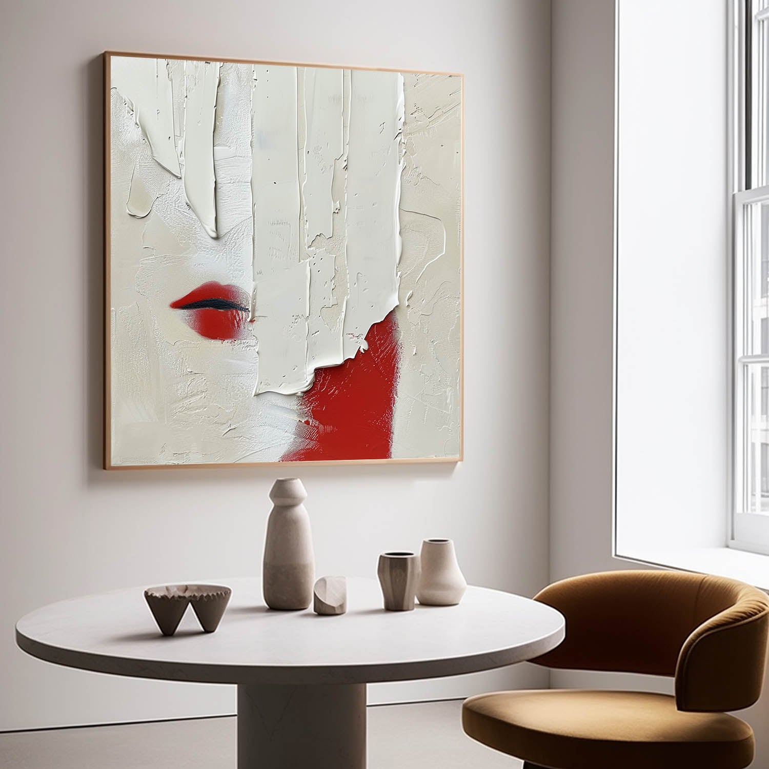 Large Red and White Plaster Abstract Art for Sale Red and White Plaster Texture Canvas Painting