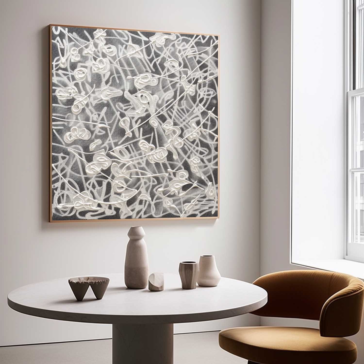 Large Brown and White Abstract Lines Canvas Art White Abstract Lines Oil Painting for Sale