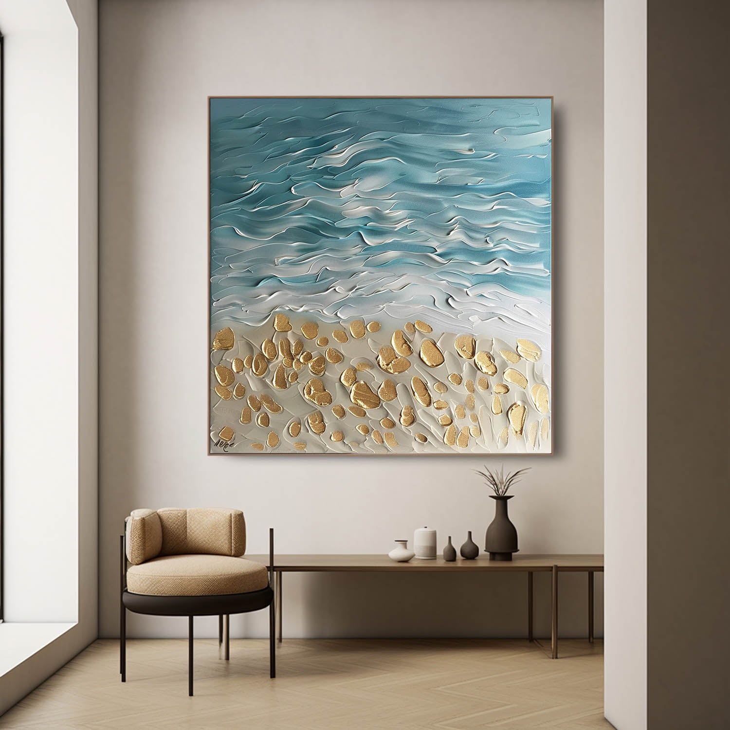 Gold Coast Beach Oil Painting Golden Beach Canvas Wall Art Blue Wave Beach Texture Painting