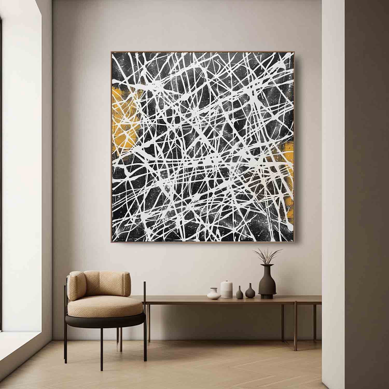 Contemporary Black and White Abstract Wall Painting Black and White Abstract Lines Canvas Art