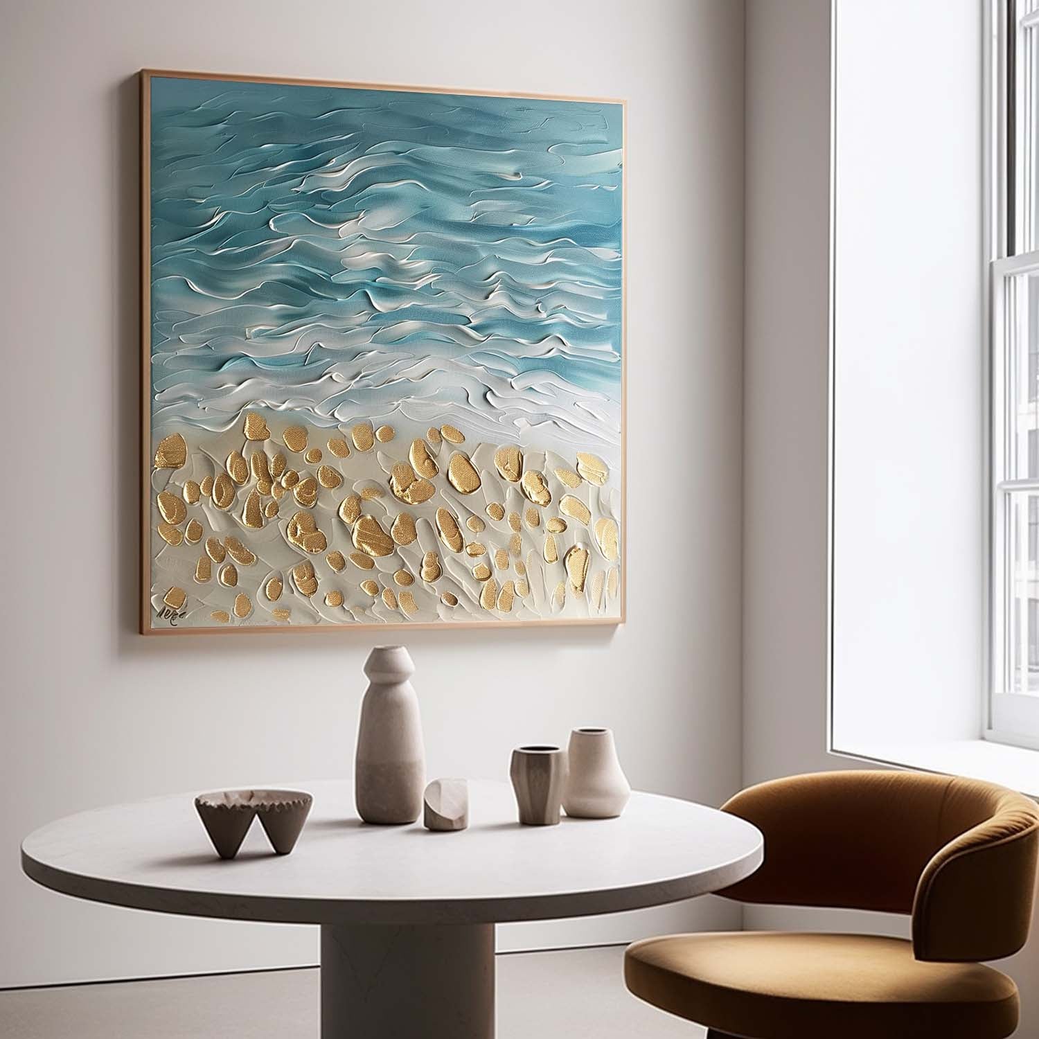 Gold Coast Beach Oil Painting Golden Beach Canvas Wall Art Blue Wave Beach Texture Painting