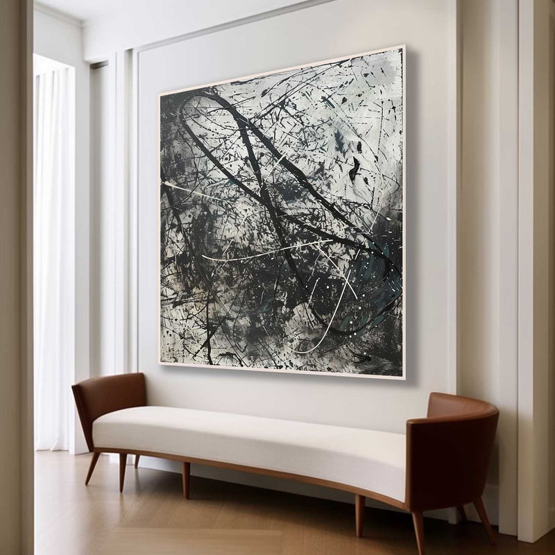 Large Black and White Contemporary Wall Painting for Sale Black and White Minimalist Oil Painting on Canvas