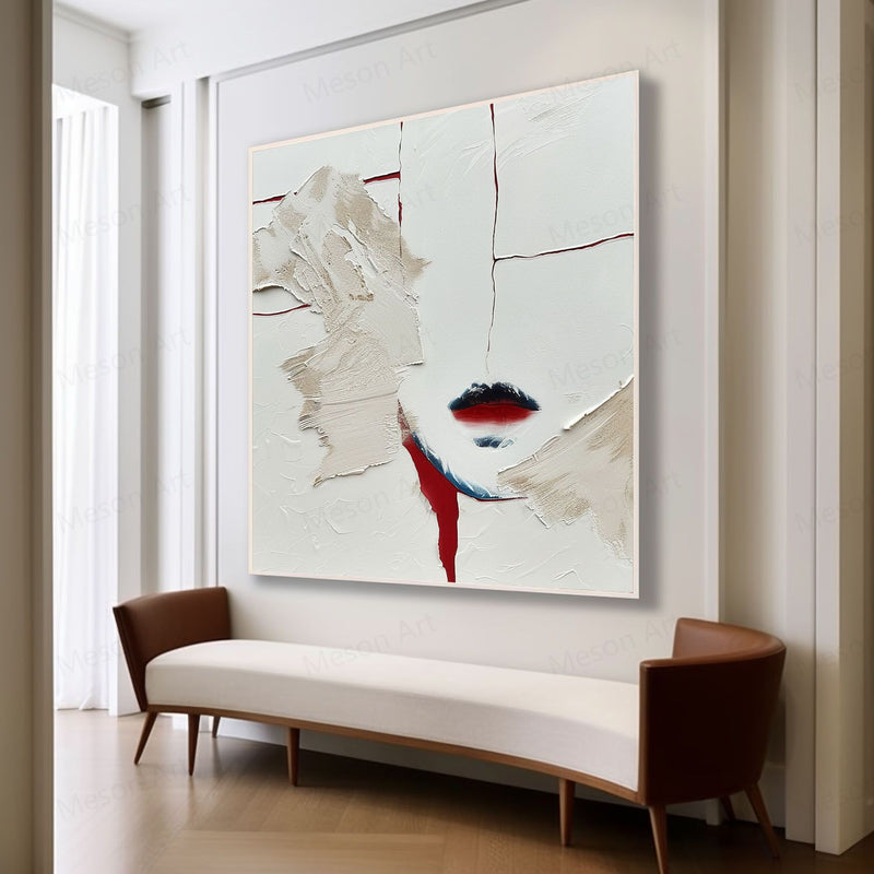 Large Red Lips Abstract Art for Sale Large Red Lips Plaster Texture Canvas Painting Red Lips Wall Art