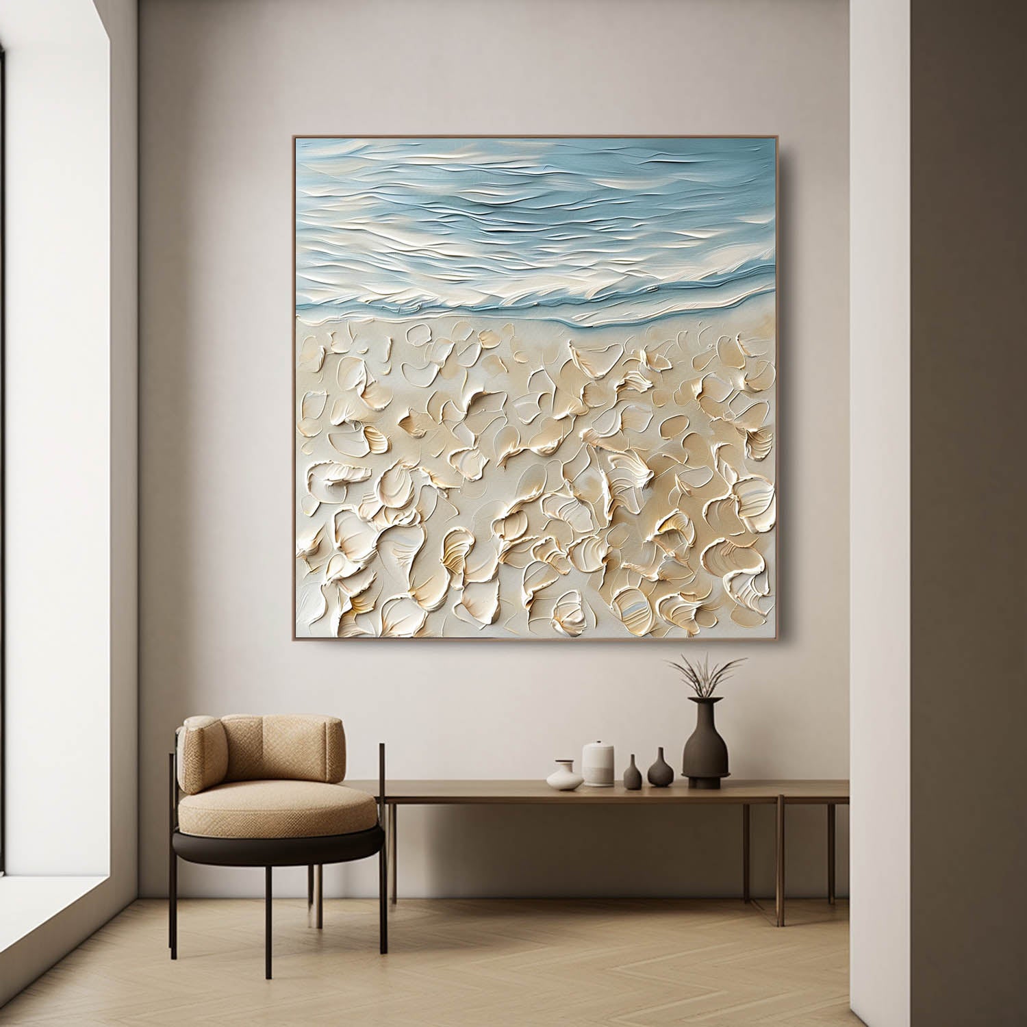 Blue and Beige Coast Beach Texture Painting Coast Beach Texture Canvas Wall Art Decor Hanging Painting