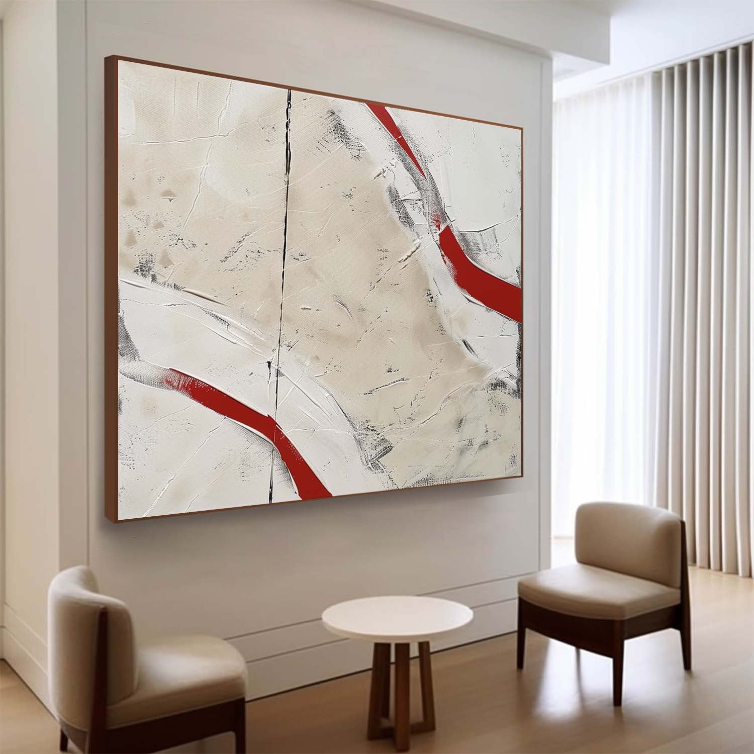 Large Red and White Minimalist Abstract Art for Sale Red and White Plaster Textured Canvas Painting