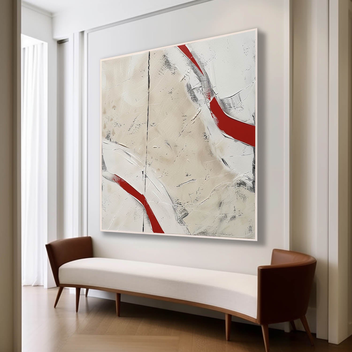 Large Red and White Minimalist Abstract Art for Sale Red and White Plaster Textured Canvas Painting