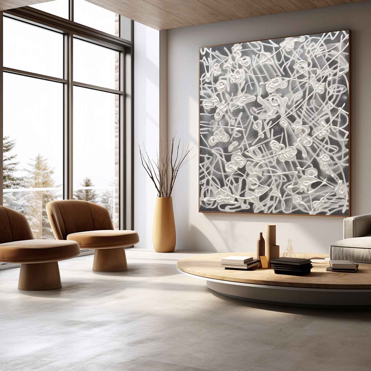 Large Brown and White Abstract Lines Canvas Art White Abstract Lines Oil Painting for Sale