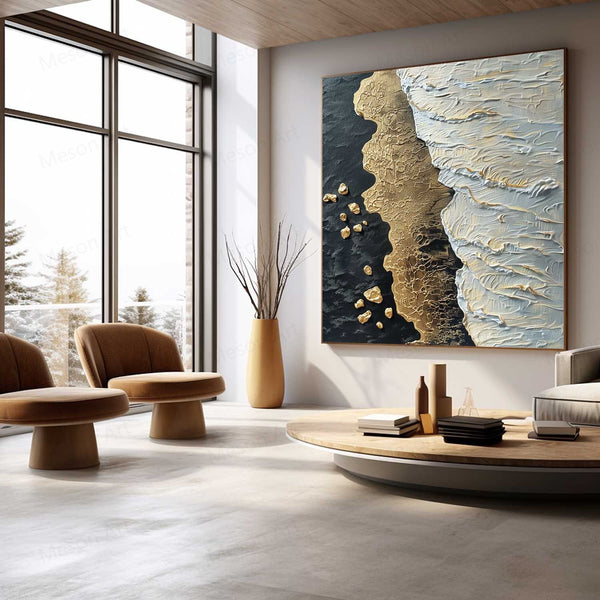 White and Gold Ocean Waves Beach Wall Art for Sale Gold and White Ocean Texture Painting Gold Ocean Art