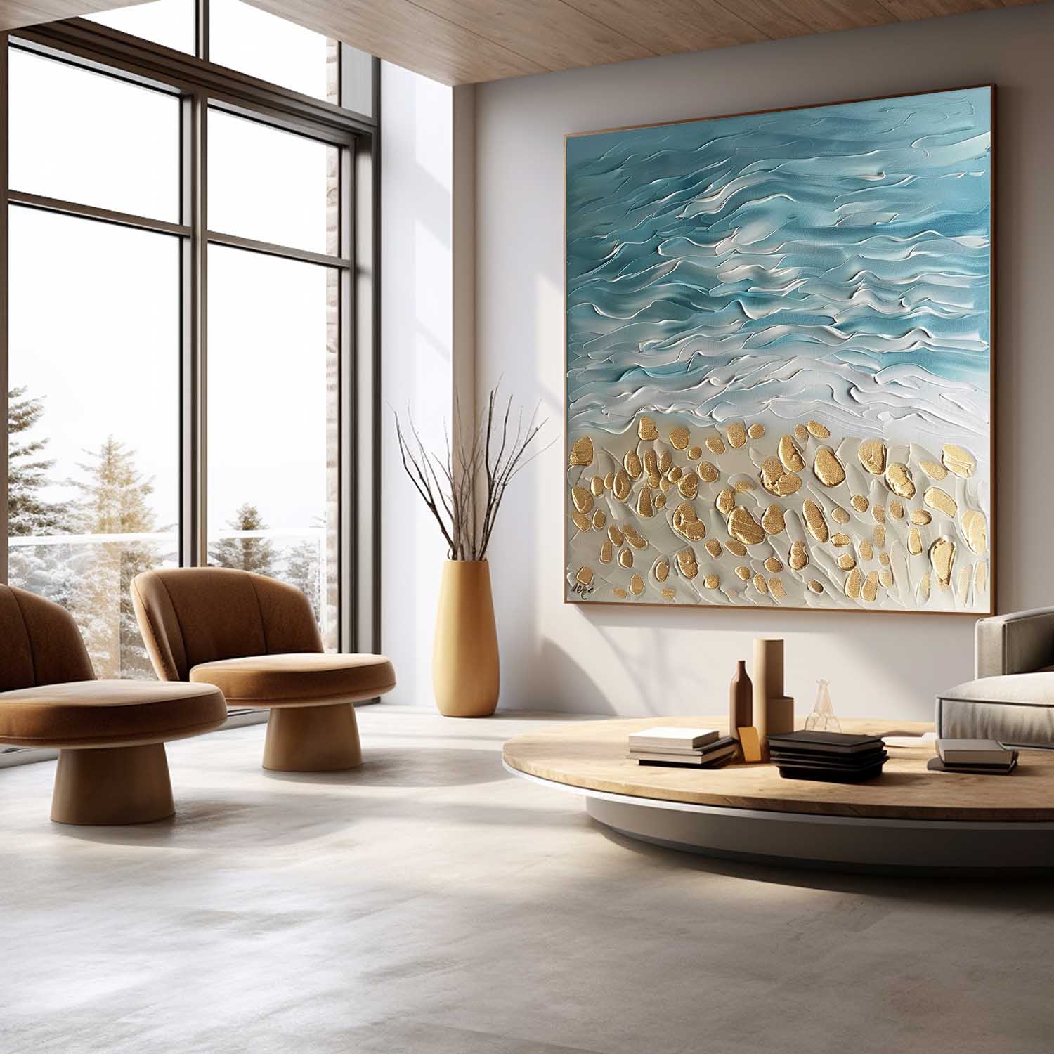 Gold Coast Beach Oil Painting Golden Beach Canvas Wall Art Blue Wave Beach Texture Painting