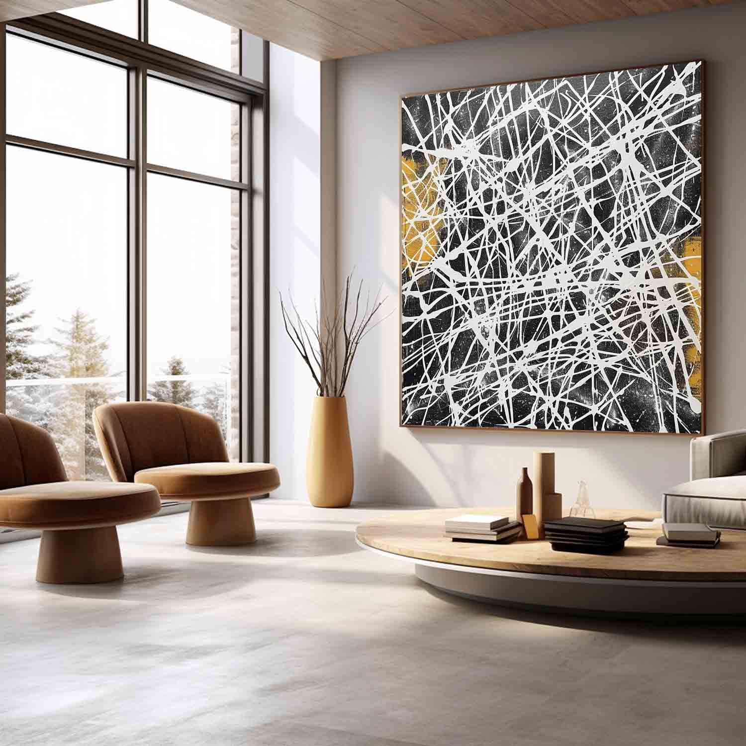 Contemporary Black and White Abstract Wall Painting Black and White Abstract Lines Canvas Art