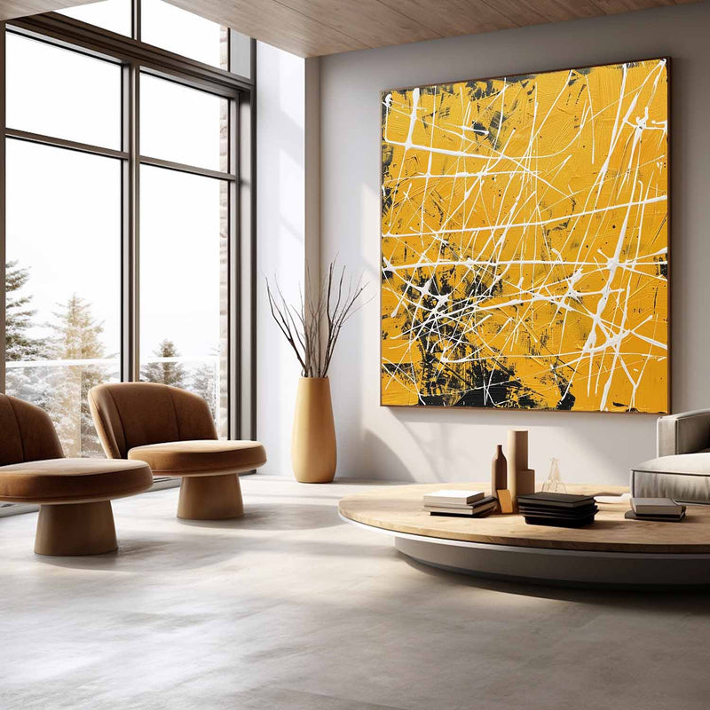 Yellow Abstract Wall Decor Painting Yellow Pollock Abstract Texture Canvas Art for Sale