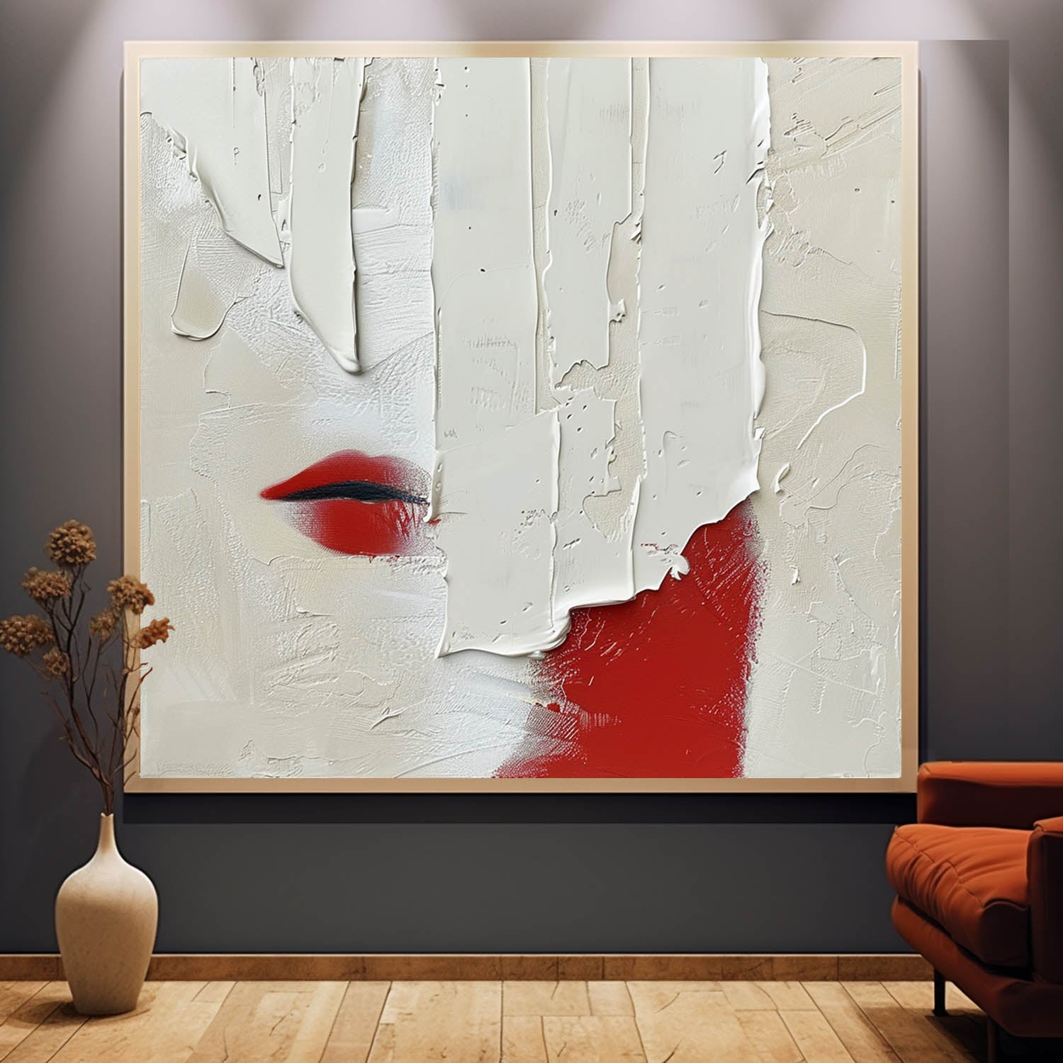 Large Red and White Plaster Abstract Art for Sale Red and White Plaster Texture Canvas Painting