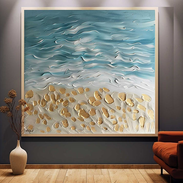 Golden Coast Beach Oil Painting Golden Beach Canvas Wall Art Blue Wave Beach Texture Painting