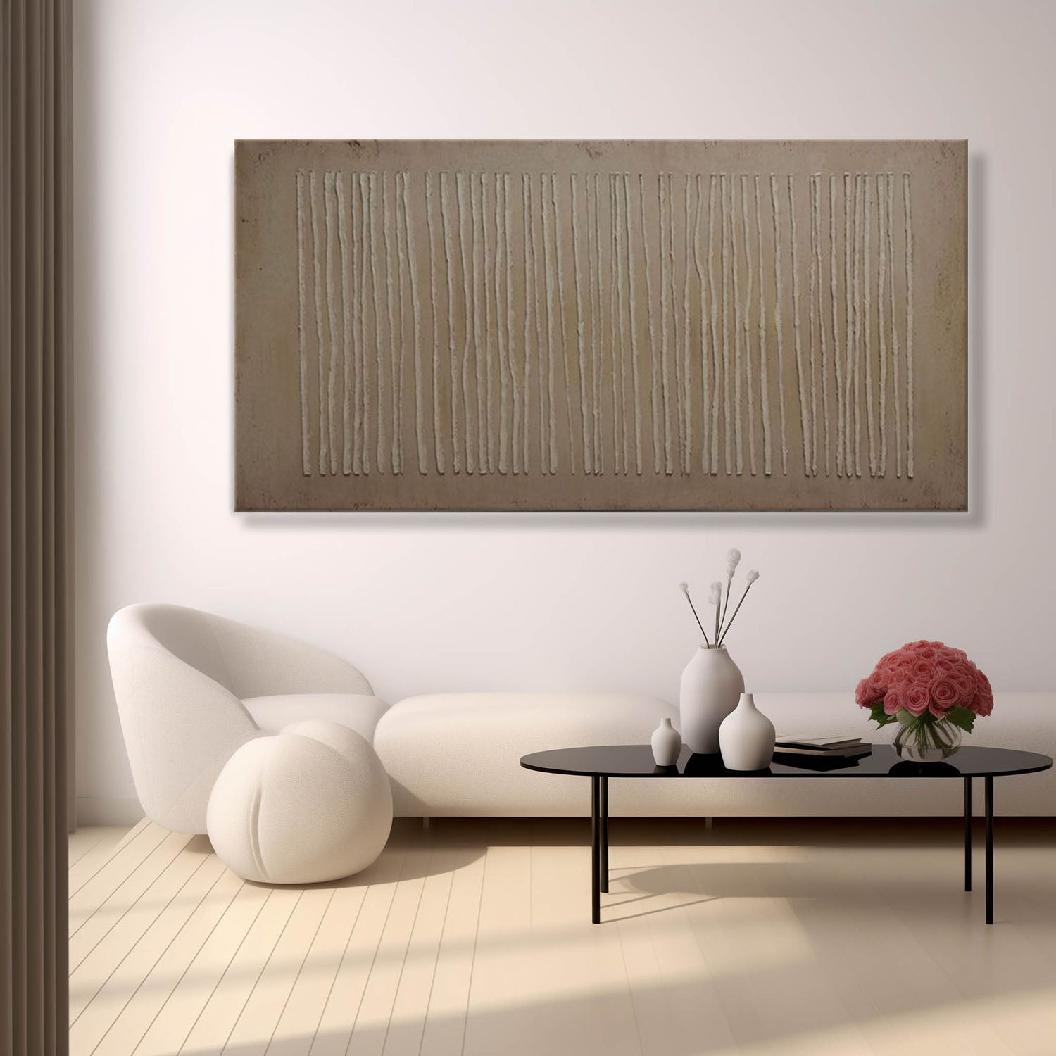 Large Brown Lines Abstract Canvas Wall Art Brown Minimalist Texture Painting Brown Abstract Art for Sale