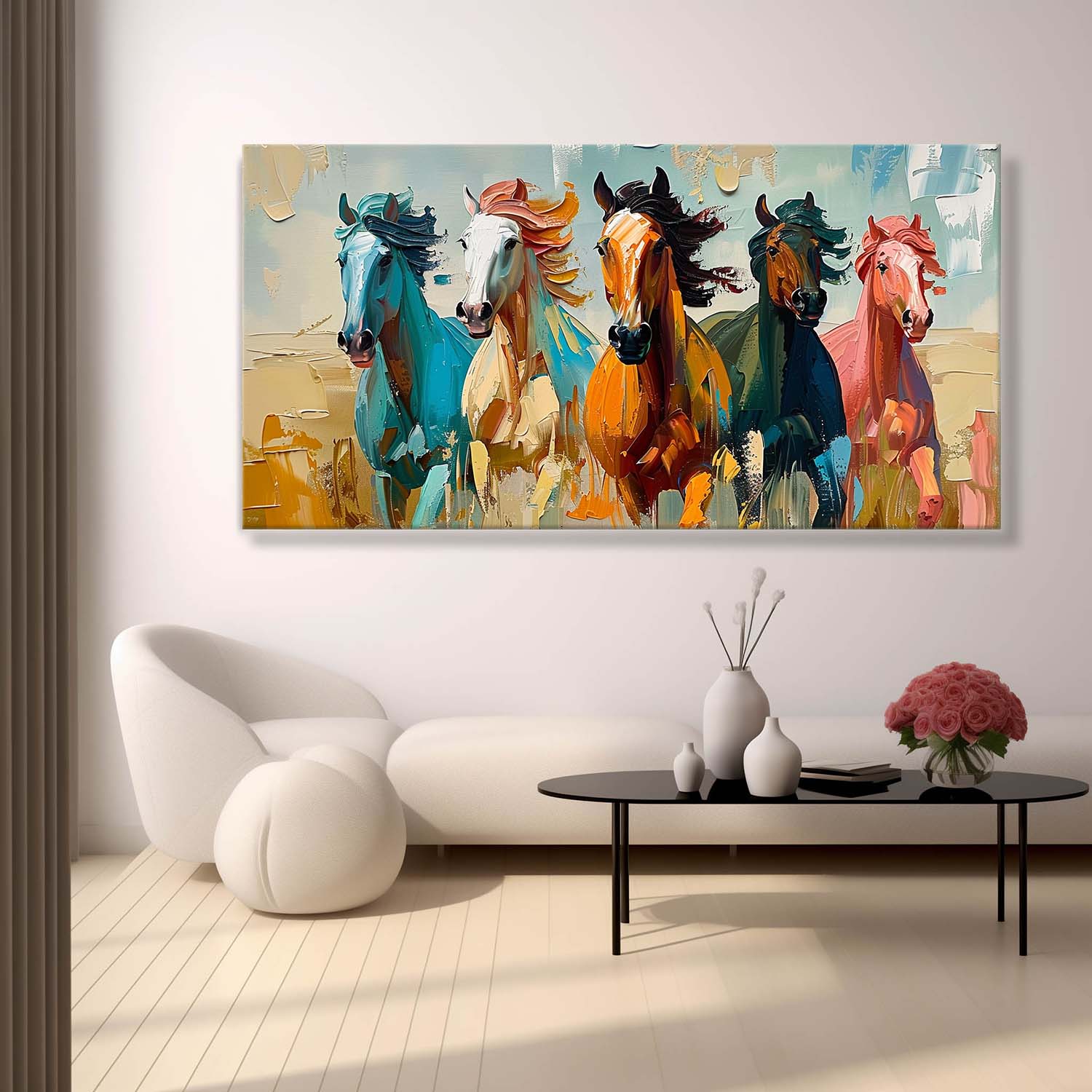 Large Colorful Running Horses Oil Painting for Sale Modern Colorful Horses Canvas Wall Art Decor