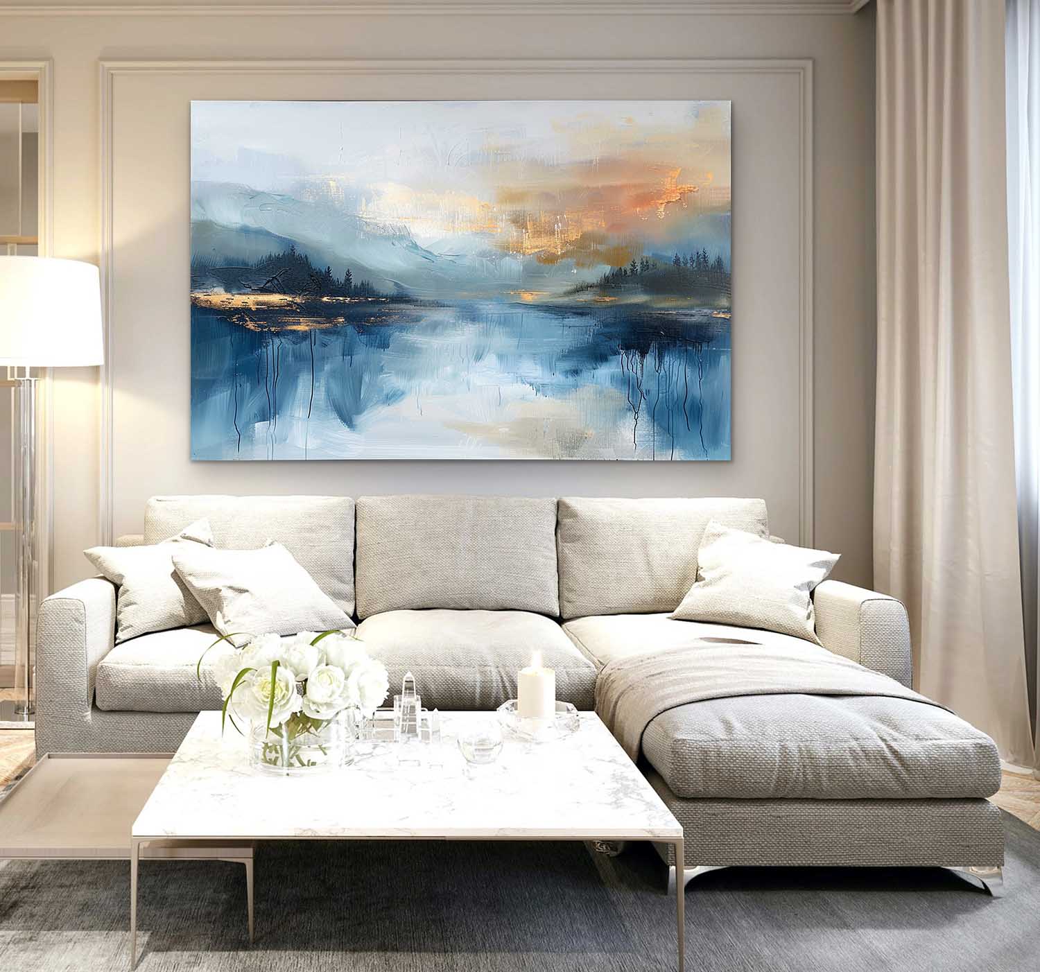 Large Modern Lakeside Sunrise Wall Painting for Sale Colorful Abstract Lakeside Sunrise Canvas Art