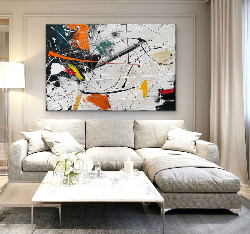 Large Orange and White Abstract Art for Sale Pollock Abstract Art Wall Decor Pollock Oil Painting