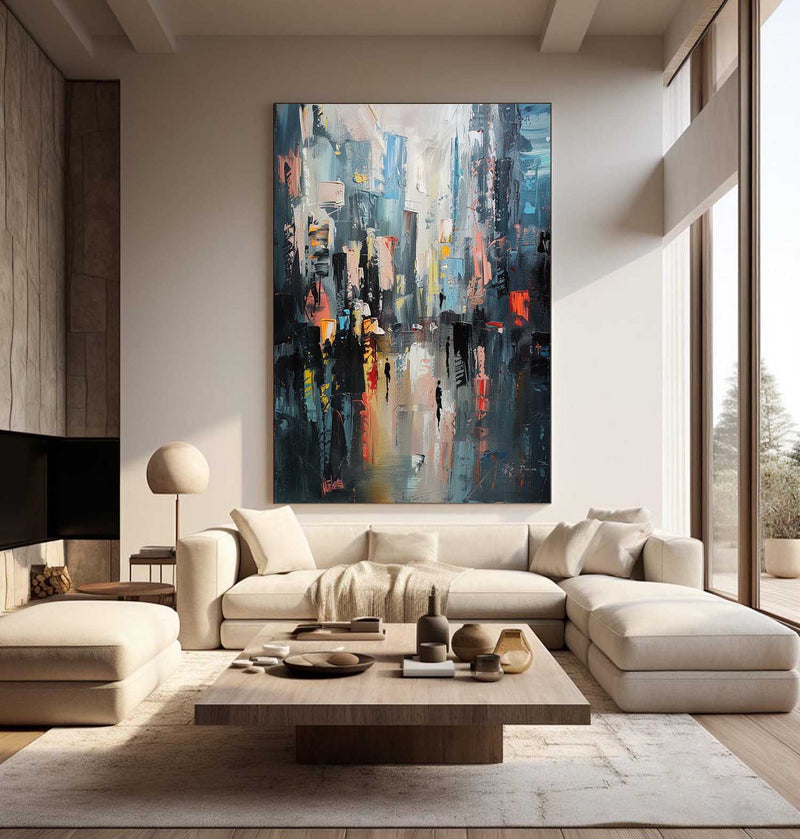 Large Modern City Night Scene Oil Painting Modern City Night Scene Textured Canvas Art for Sale