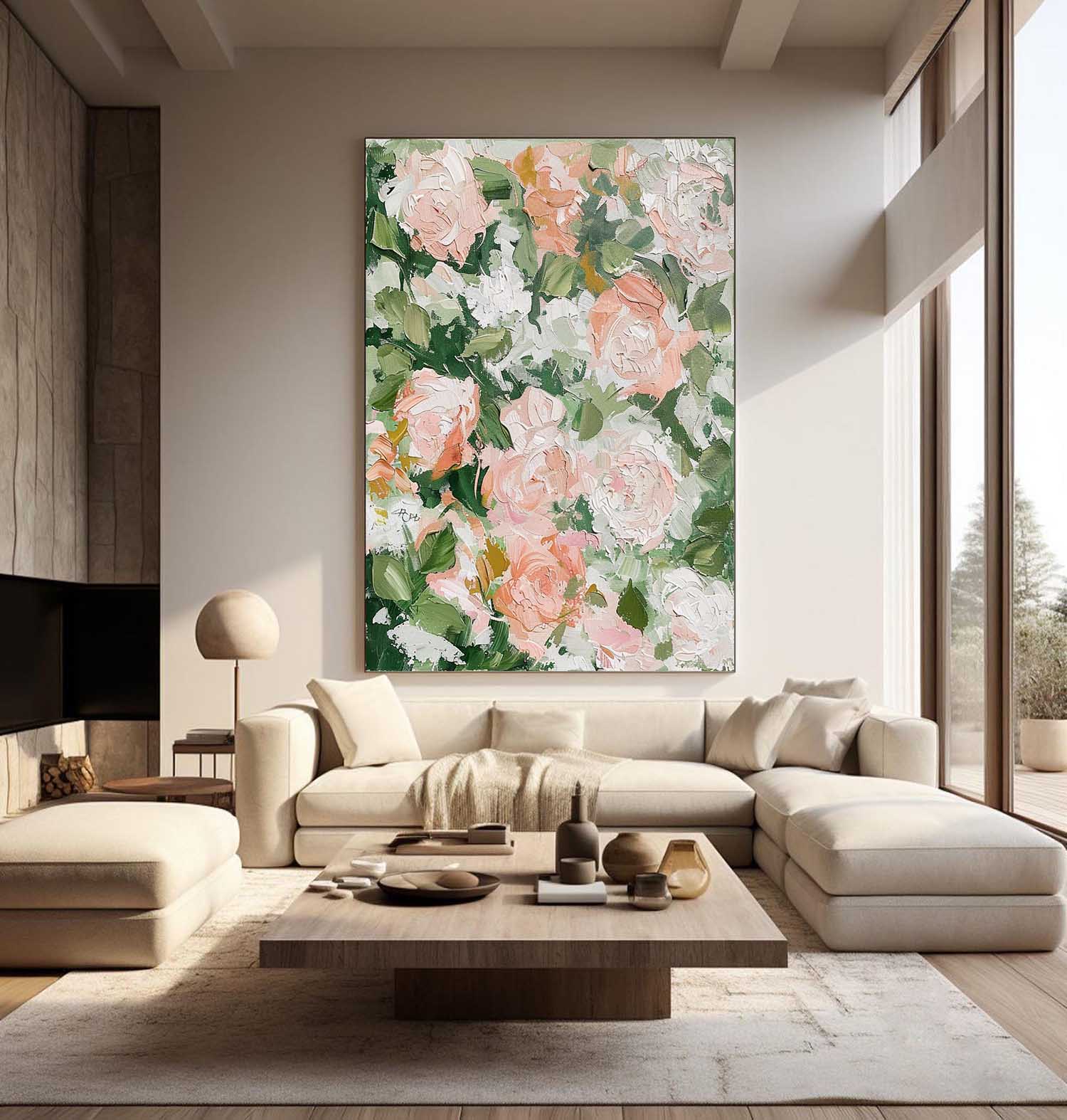 Large Flowers Abstract Canvas Wall Art Decor Hanging Painting Green Leaves and Flowers Oil Painting