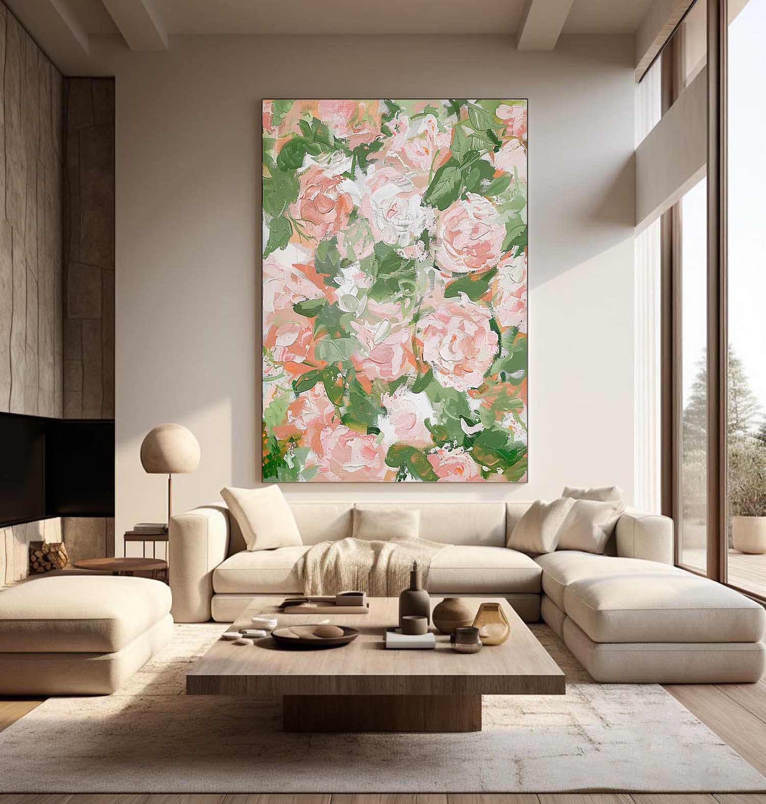 Green Leaves and Flowers Oil Painting Flowers Abstract Canvas Wall Art Decorative Hanging Painting