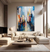 Large Modern Colorful City Night Scene Oil Painting Modern Colorful City Night Scene Textured Canvas Art for Sale