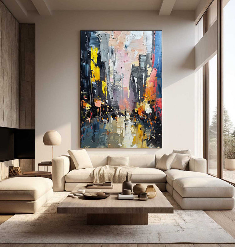 Large Color City Night Scene Oil Painting Color City Night Scene Textured Canvas Art for Sale