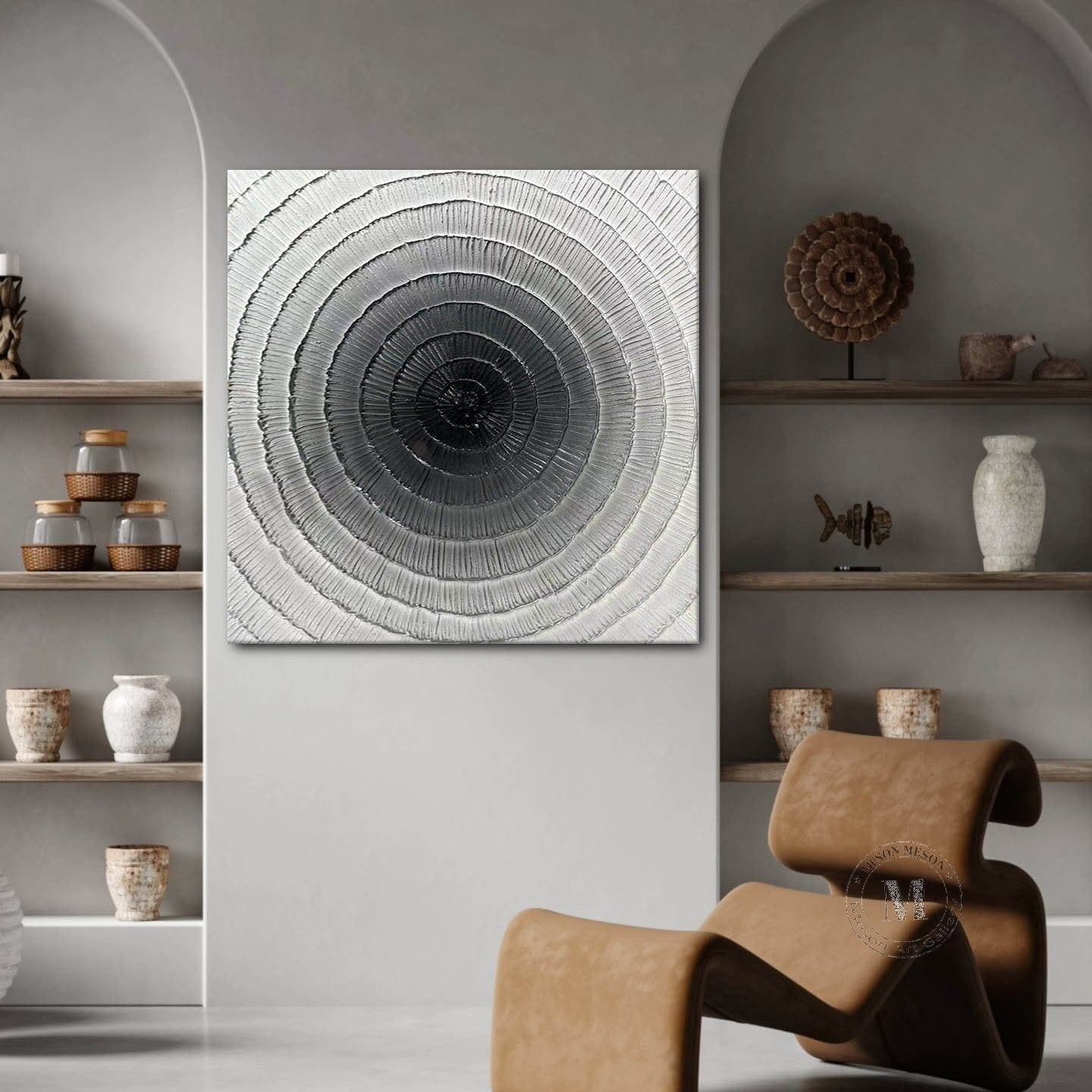 Black and White Circular Plaster Art Black and White Plaster Texture Painting Circular Wall Art for Sale