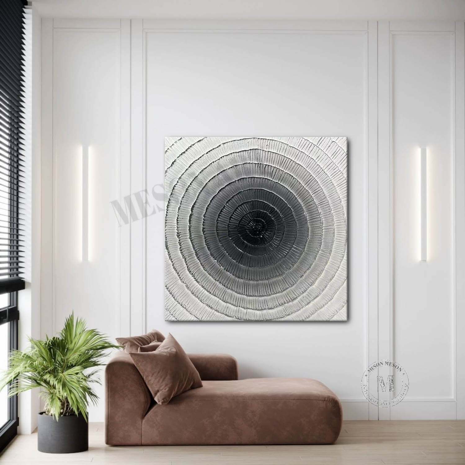 Black and White Circular Plaster Art Black and White Plaster Texture Painting Circular Wall Art for Sale