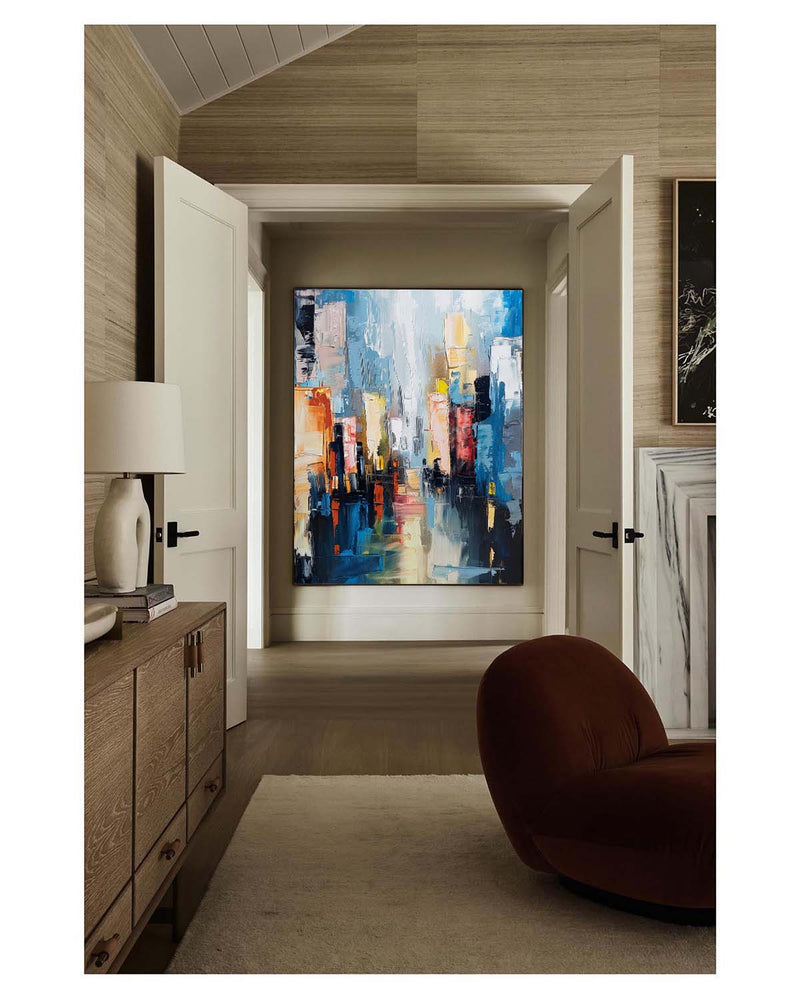 Large Modern Colorful City Night Scene Oil Painting Modern Colorful City Night Scene Textured Canvas Art for Sale