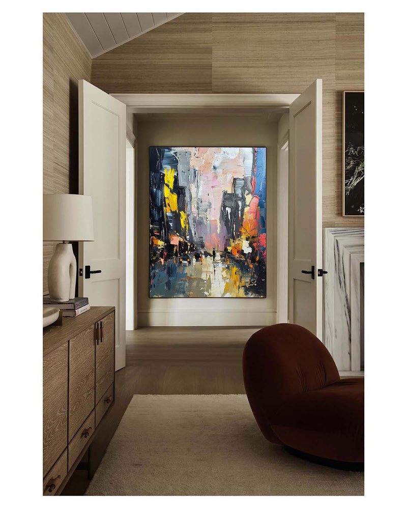 Large Color City Night Scene Oil Painting Color City Night Scene Textured Canvas Art for Sale