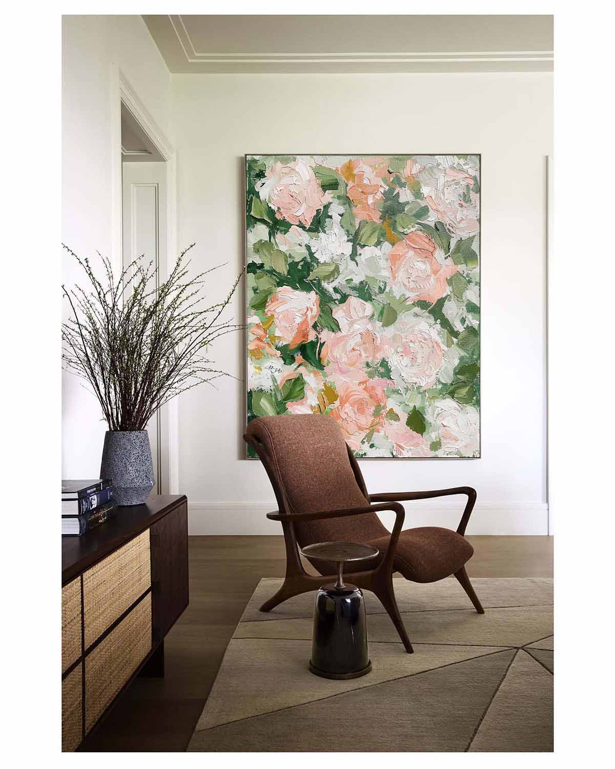 Large Flowers Abstract Canvas Wall Art Decor Hanging Painting Green Leaves and Flowers Oil Painting