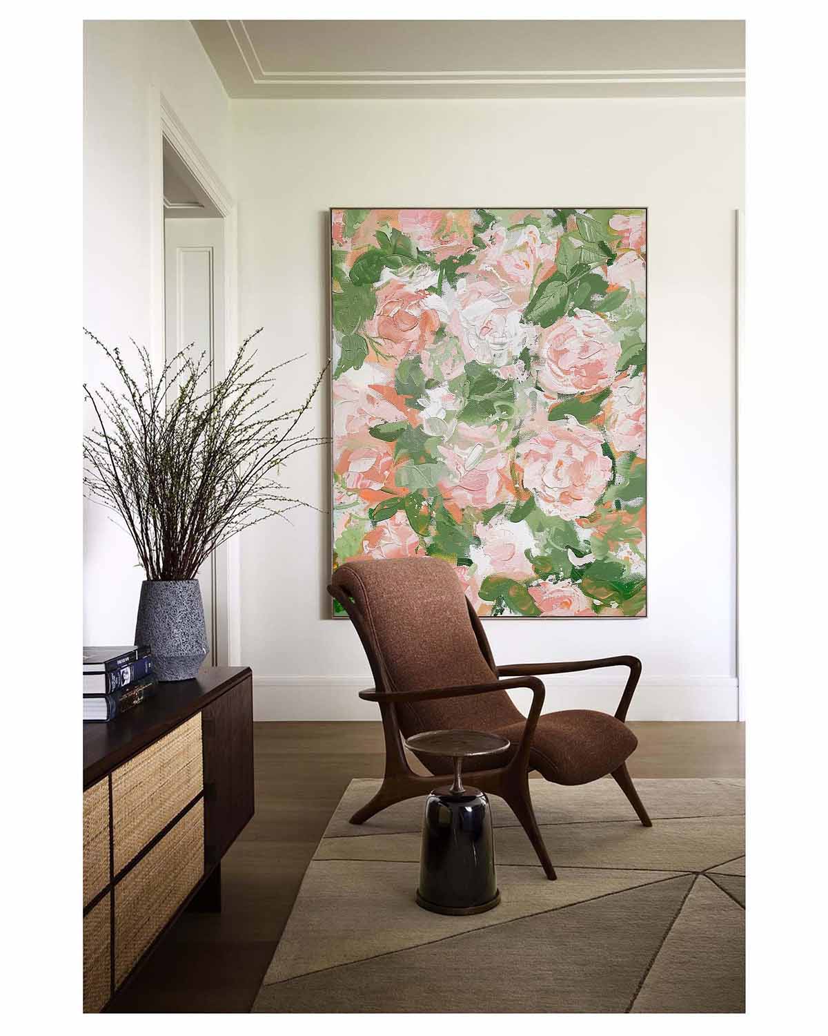 Green Leaves and Flowers Oil Painting Flowers Abstract Canvas Wall Art Decorative Hanging Painting