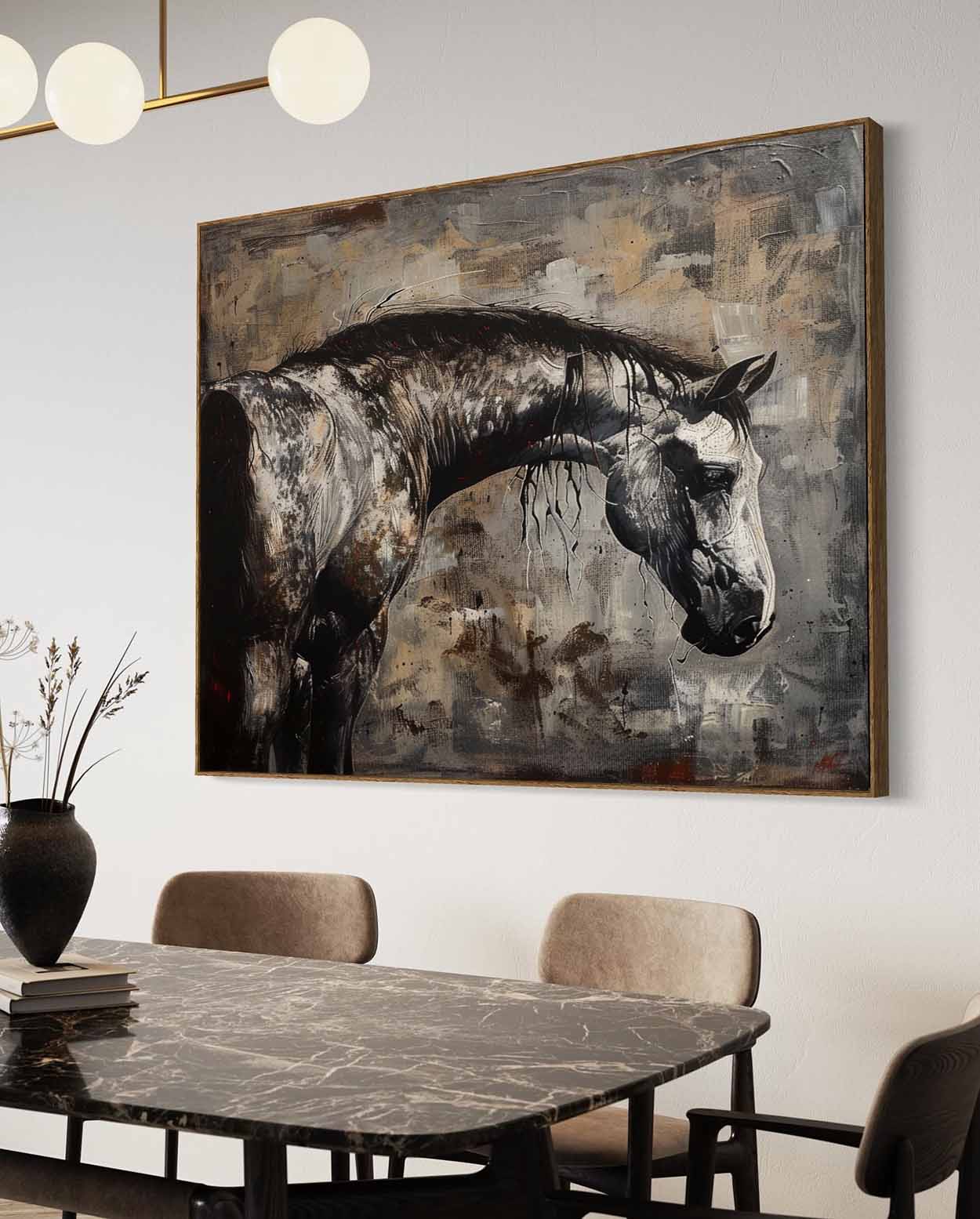 Wabi Sabi Style Horse Canvas Wall Art Decoration Black Horse Canvas Art for Sale Black Horse Wall Hanging Painting