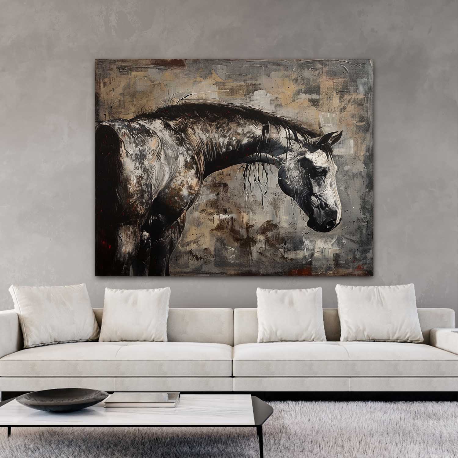 Wabi Sabi Style Horse Canvas Wall Art Decoration Black Horse Canvas Art for Sale Black Horse Wall Hanging Painting