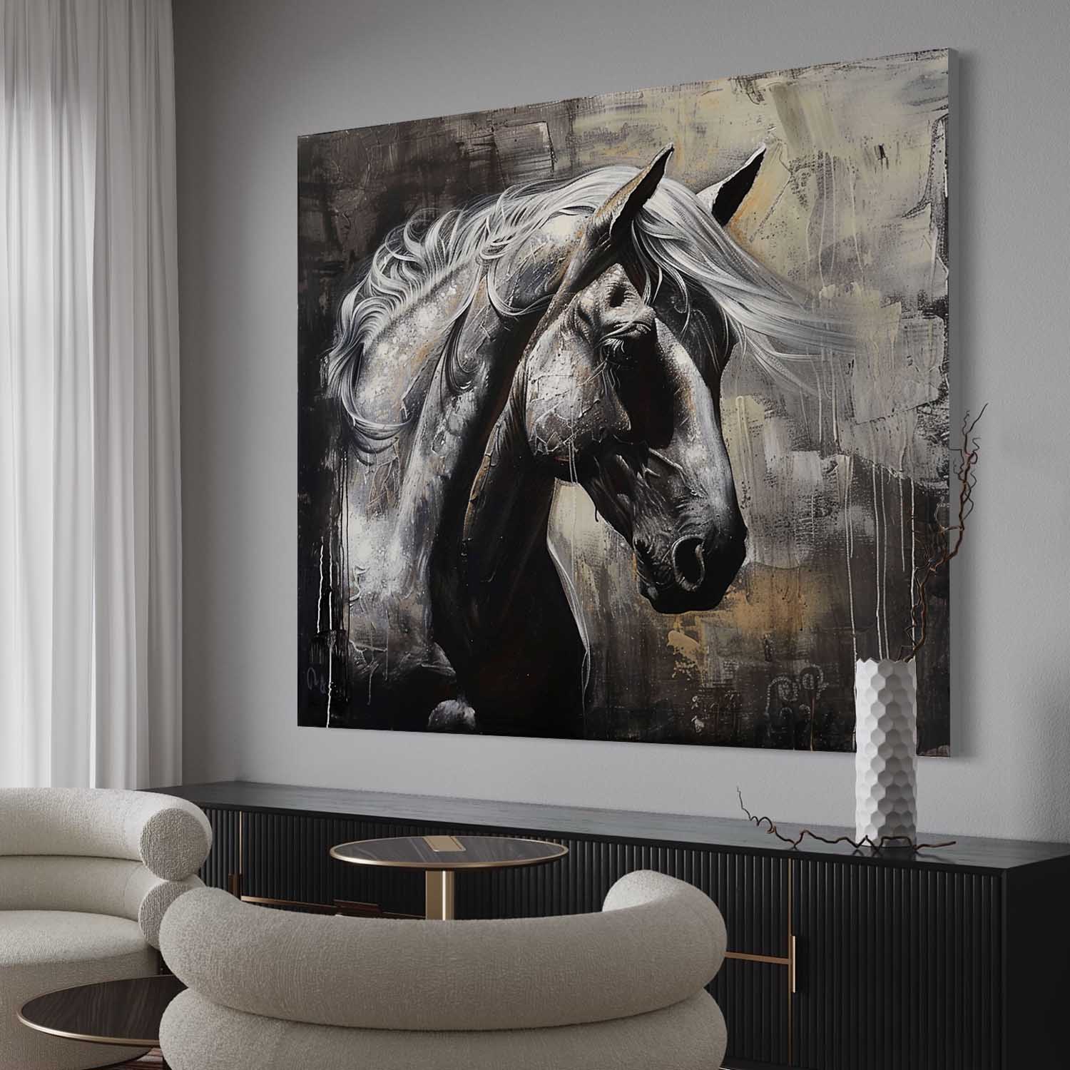 Large Wabi Sabi Horse Canvas Wall Art Decor Black Horse Canvas Art Modern Horse Wall Hanging