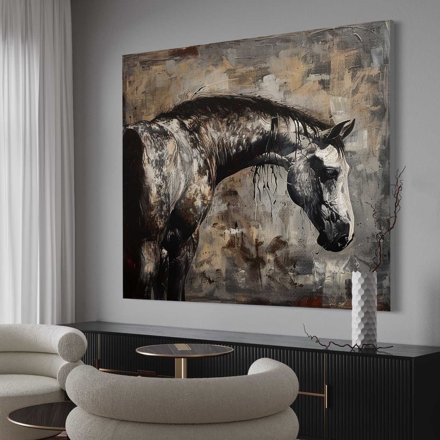 Wabi Sabi Style Horse Canvas Wall Art Decoration Black Horse Canvas Art for Sale Black Horse Wall Hanging Painting