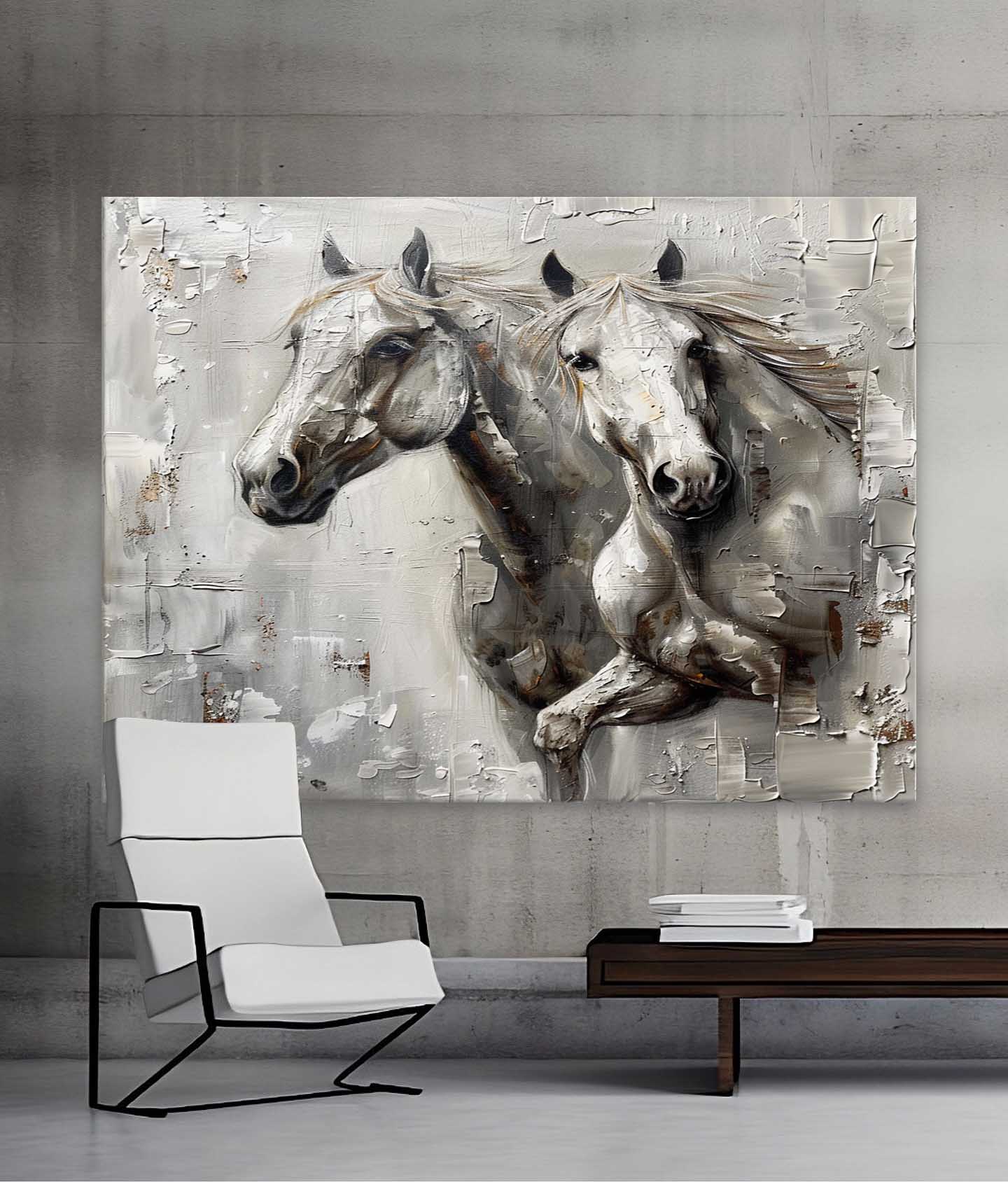 Large Wabi Sabi Horse Canvas Wall Painting Decor White Horse Canvas Art Modern White Horse Wall Art