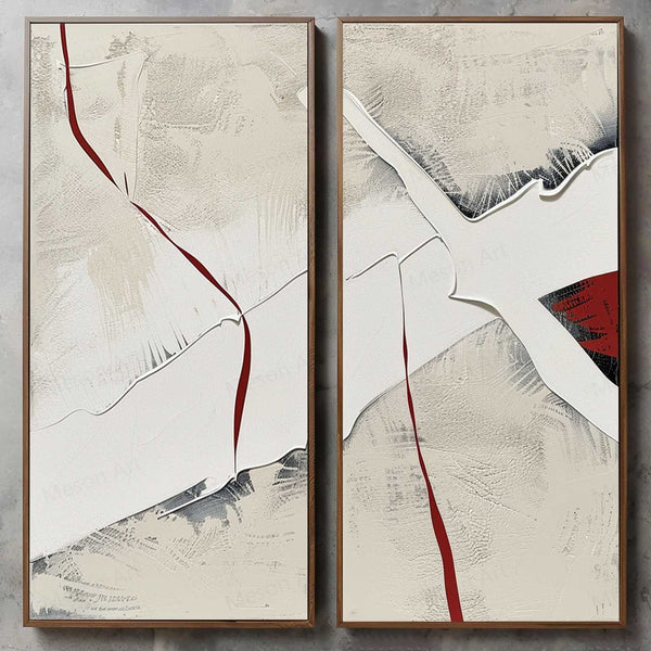 Large Red and White Minimalist Textured Art Set of 2 for Sale Red and White Plaster Textured Canvas Painting