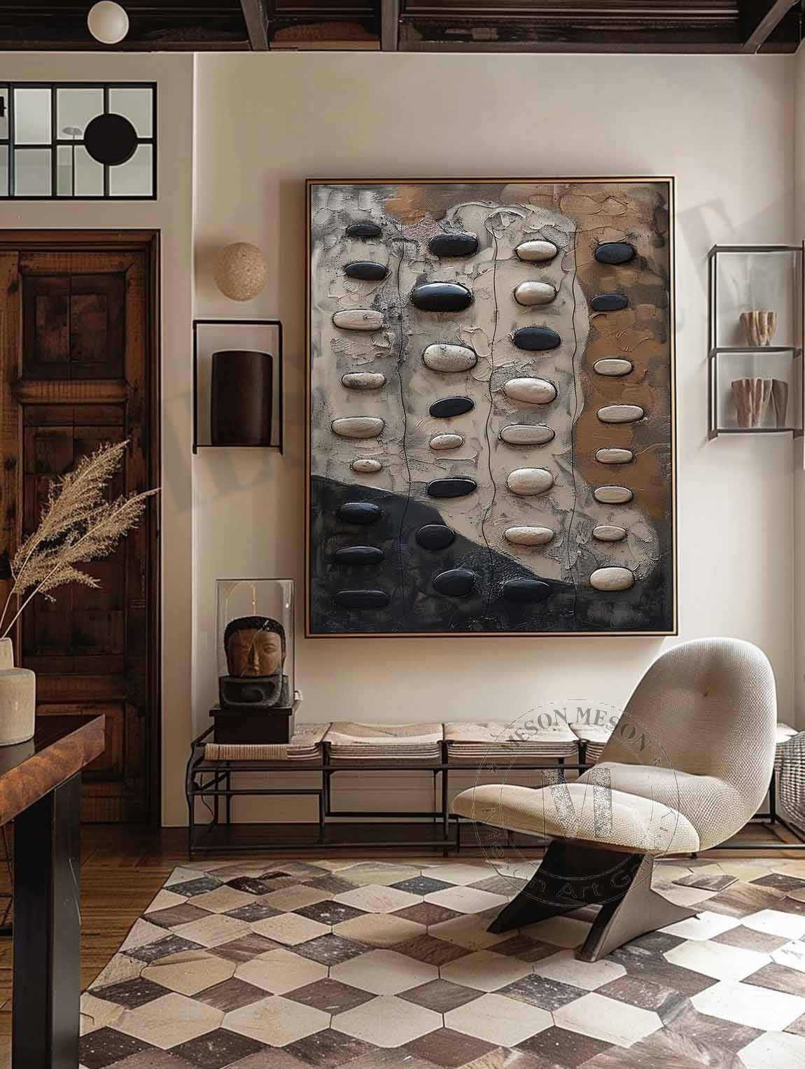 Large 3D Black and White Texture Painting Wabi-Sabi Wall Art Black and White Abstract Art for Sale