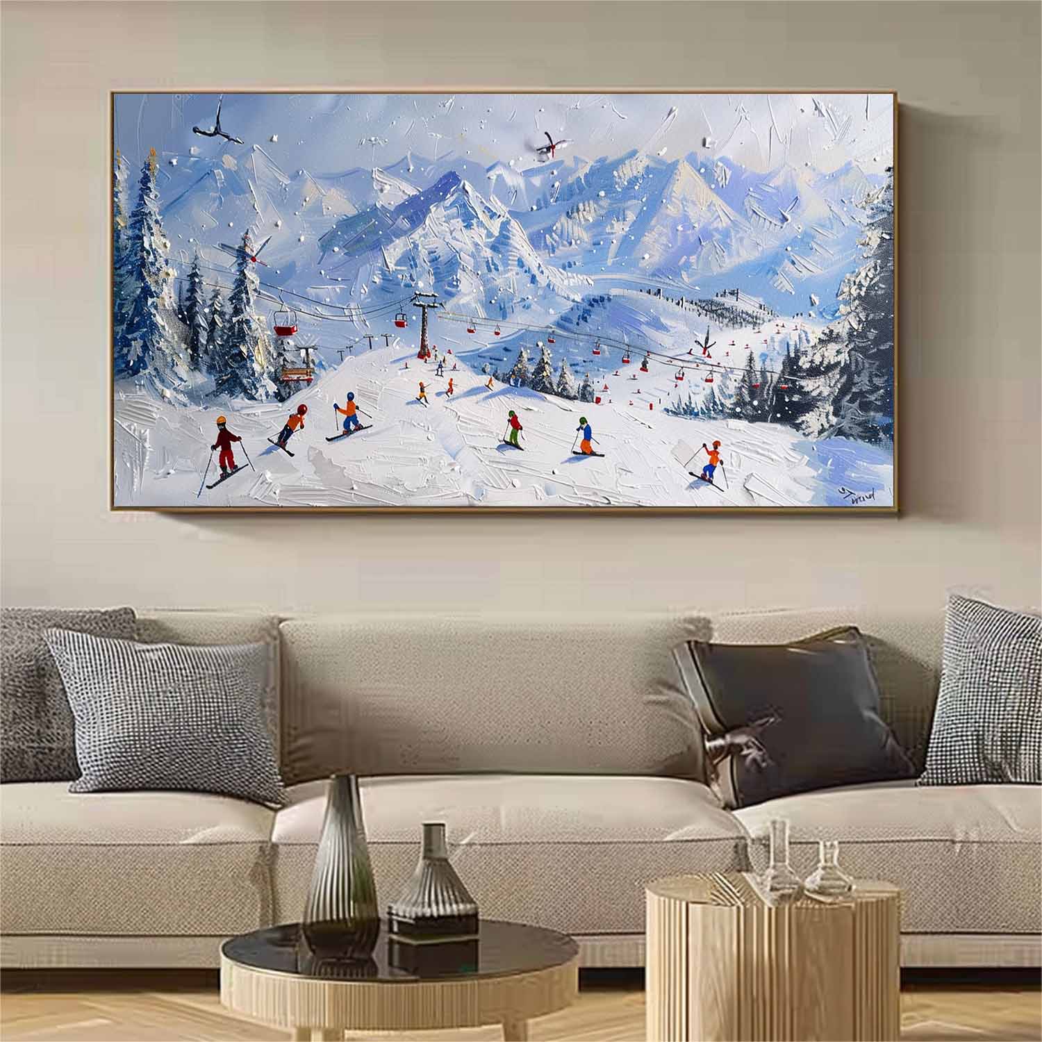 Large 3D Snow Mountain Ski Resort Texture Painting Snow Mountain Ski Resort Texture Canvas Wall Art Decoration Hanging Painting