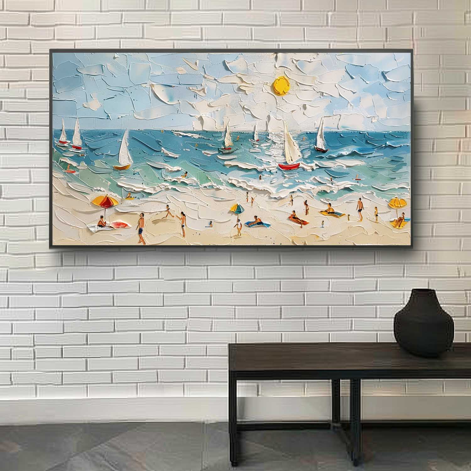 Large Summer Beach Coast Vacation Oil Painting Beach Holiday Landscape Texture Wall Art for Sale