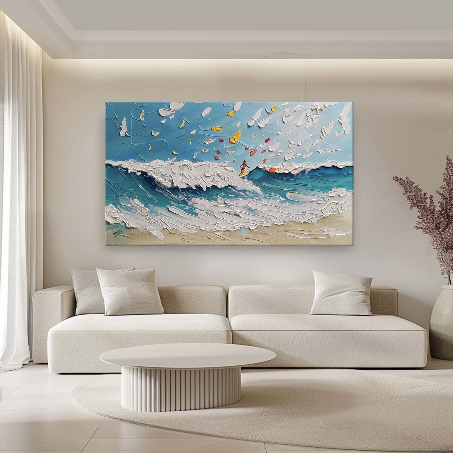 Large Ocean Wave Surfer Texture Painting Ocean Wave Surfer Landscape Canvas Wall Art for Sale