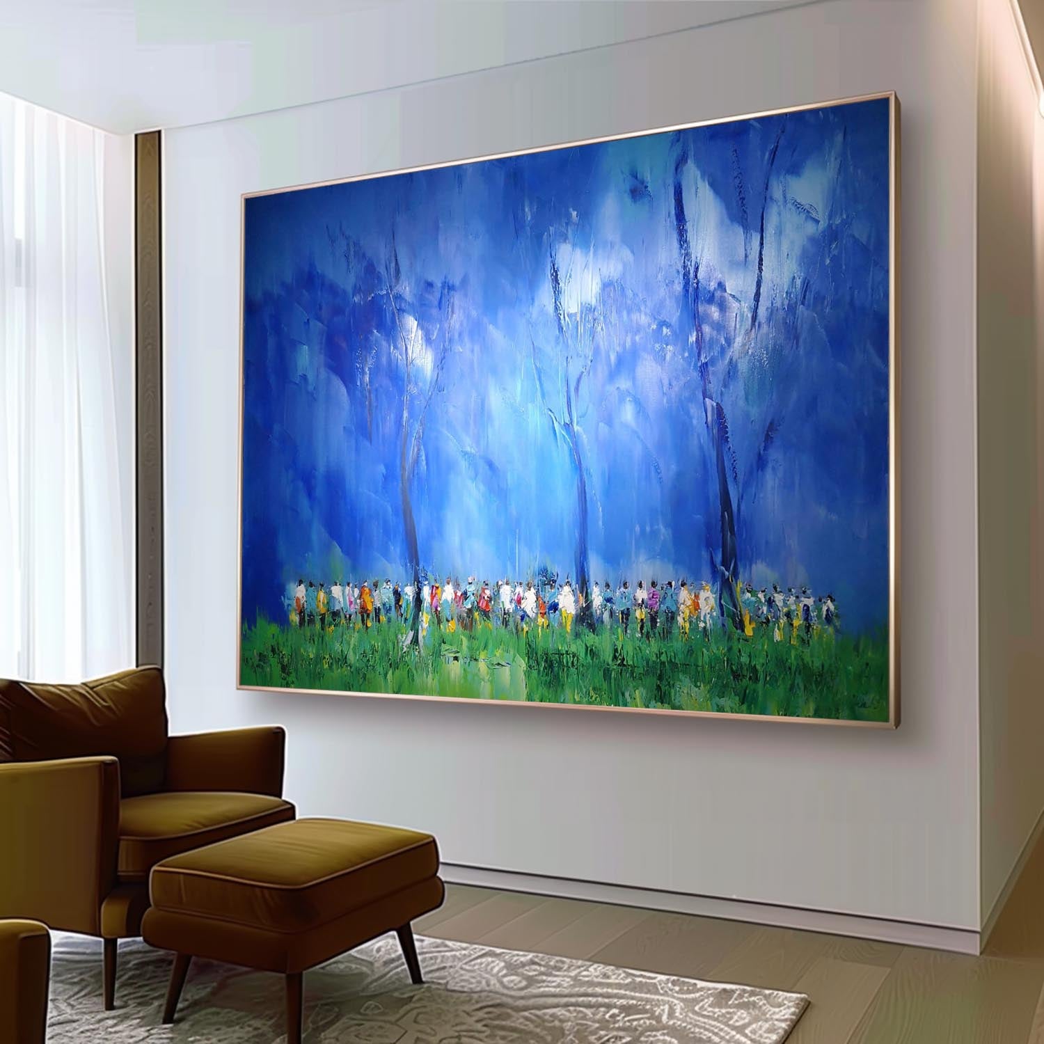 Large Blue Minimalist Oil Painting Modern Minimalist Blue Canvas Wall Art Blue Abstract Art For Sale