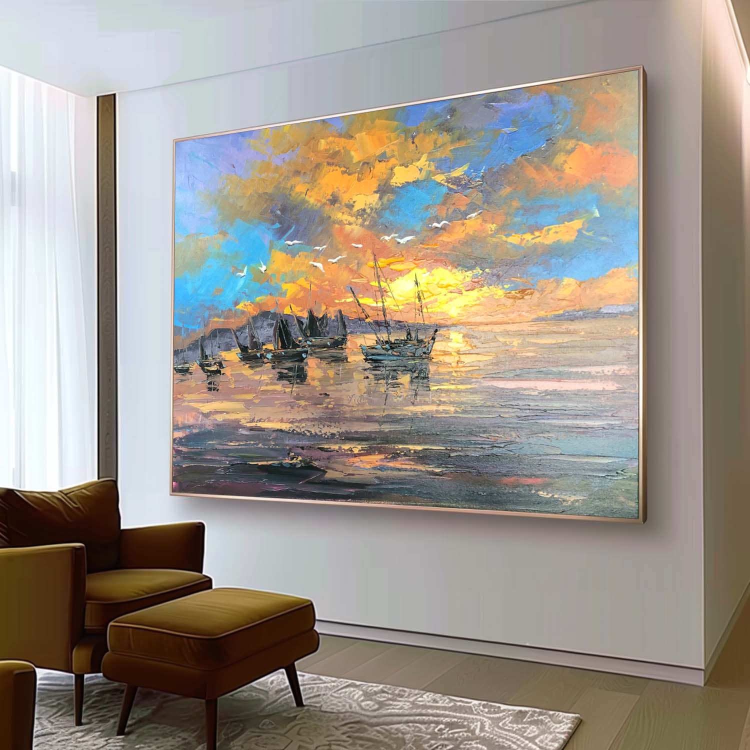 Sailboat Landscape Oil Painting Colorful Maritime Sailboat Canvas Wall Art Sailboat Abstract Art