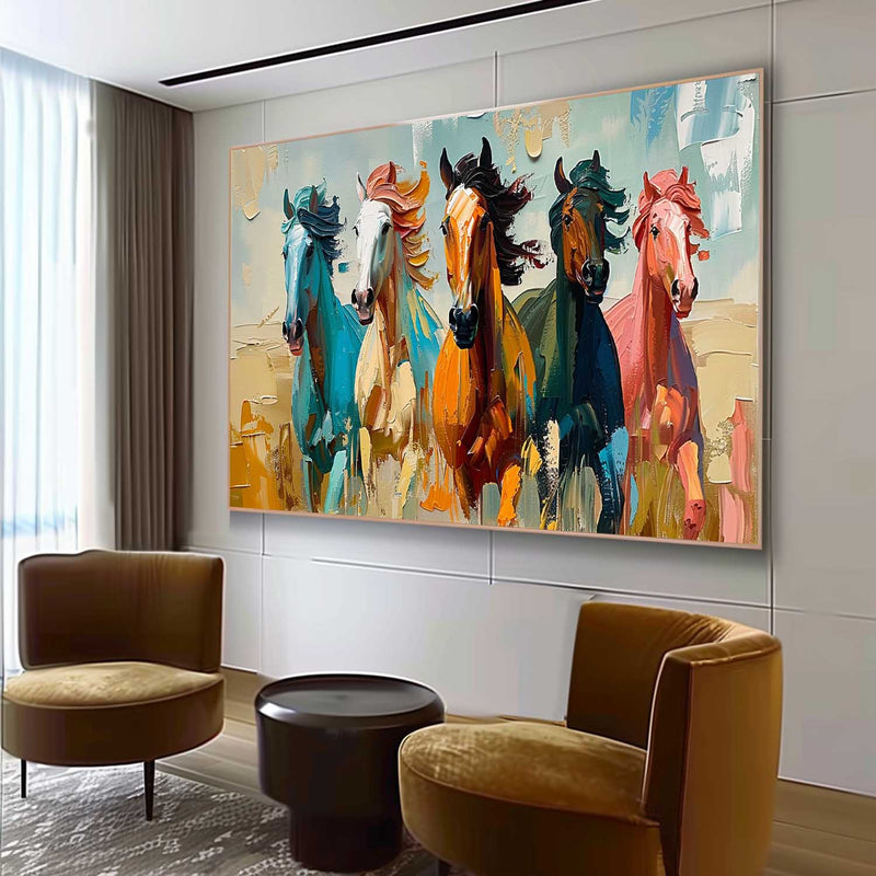 Large Colorful Running Horses Oil Painting for Sale Modern Colorful Horses Canvas Wall Art Decor