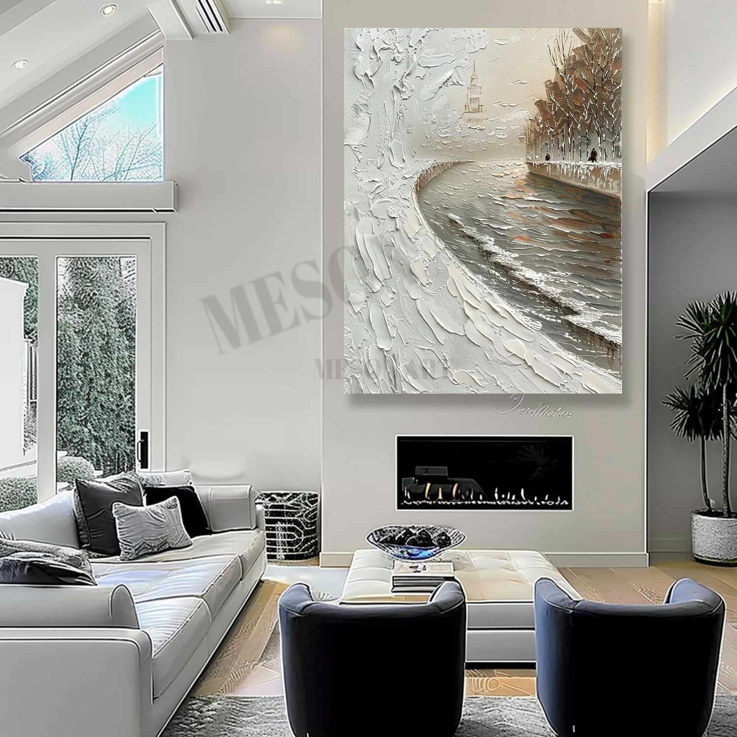 French Seine River Abstract Textured Painting Seine River Art Canvas Snowy Seine River Wall Art