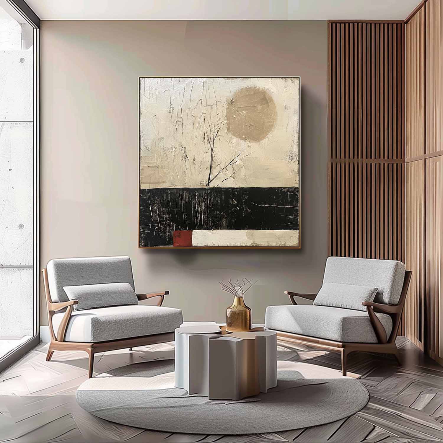 Beige and Black Minimalist Canvas Wall Art Wabi-Sabi Art Beige and Black Abstract Oil Paintings for Sale