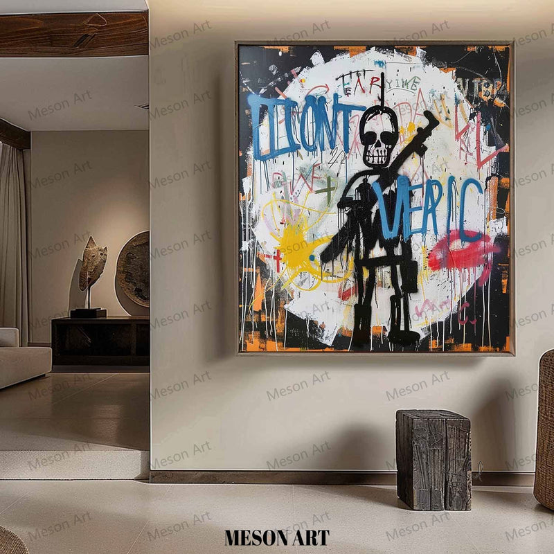 Basquiat Abstract Art Cool Skeleton Graffiti Abstract Art Fun Graffiti Canvas Wall Art for Sale